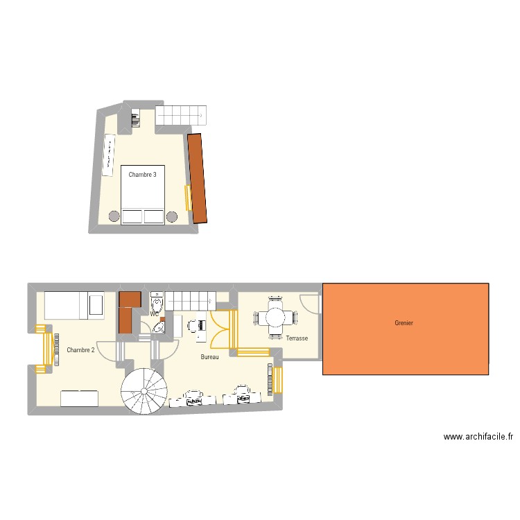 La Colication étage. Plan de 8 pièces et 44 m2