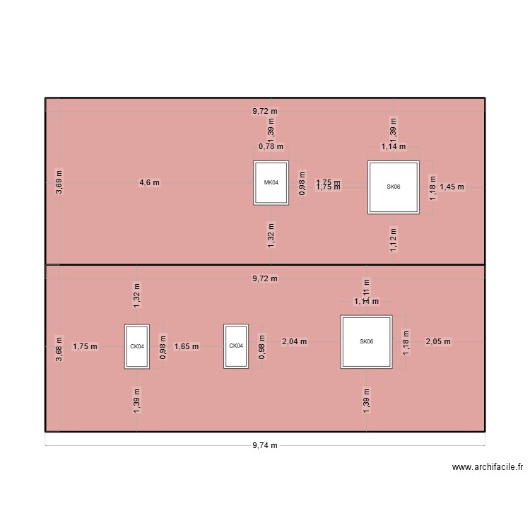 Toiture dépendance. Plan de 2 pièces et 72 m2