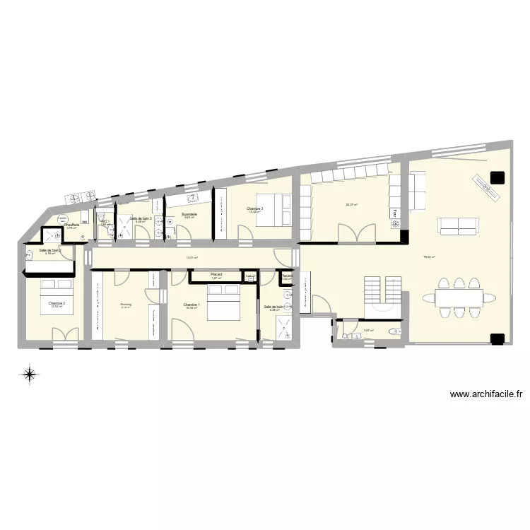 plan int&eacute;rieur V5. Plan de 23 pièces et 258 m²