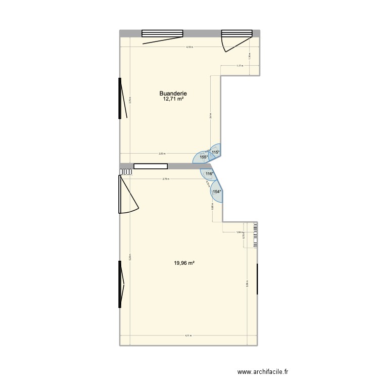 Cuisine - Buanderie. Plan de 2 pièces et 33 m2