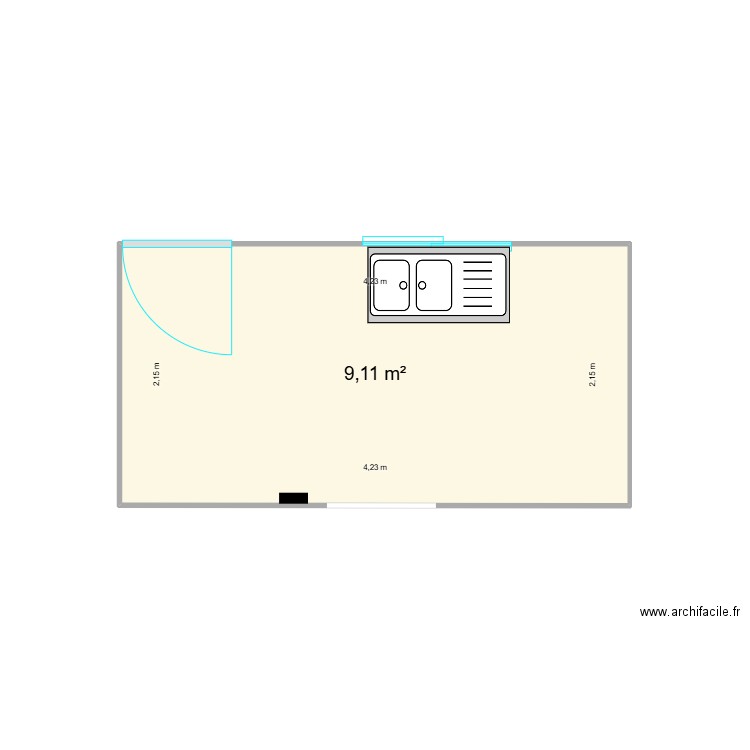 1 piece cuisine. Plan de 1 pièce et 9 m2