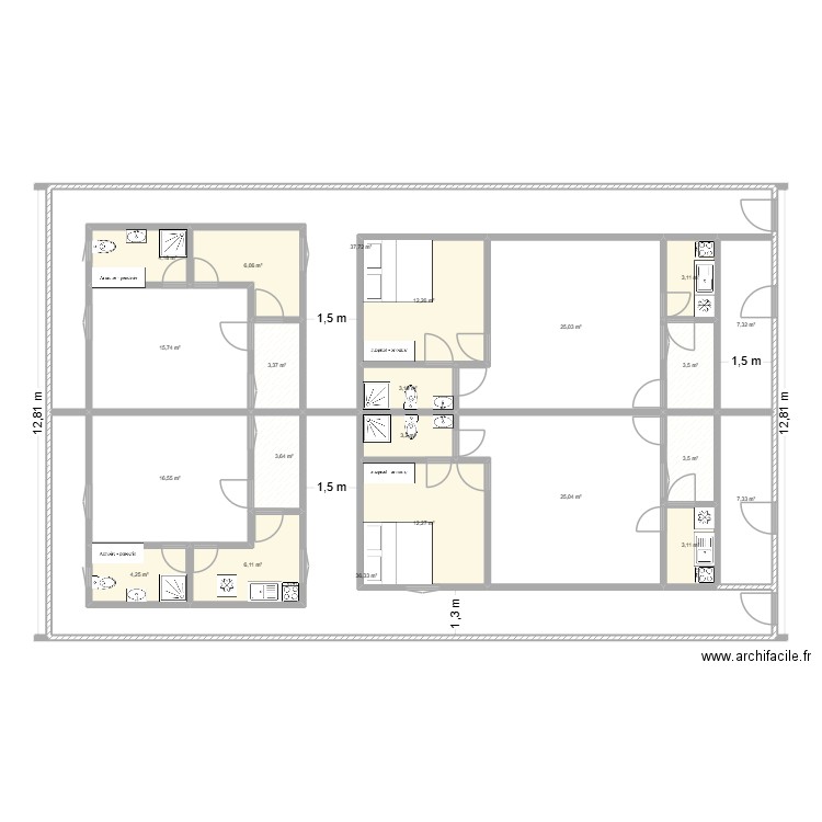 chantier II 1. Plan de 22 pièces et 243 m2
