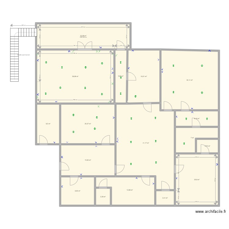 Projet 001. Plan de 17 pièces et 264 m2