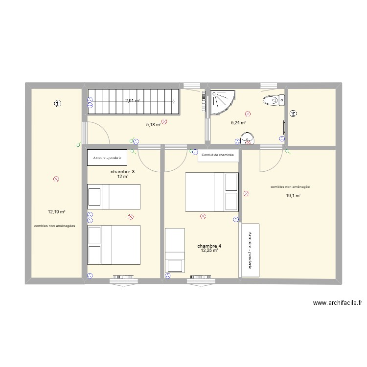 Chantelac R+2 PRUNIERES amenagement. Plan de 7 pièces et 69 m2