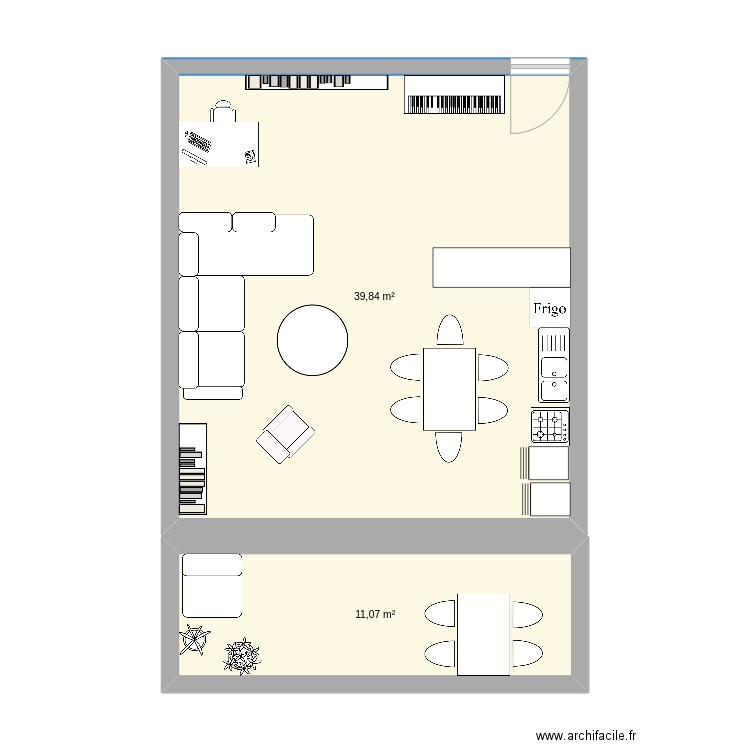 salon cuisine. Plan de 2 pièces et 51 m2