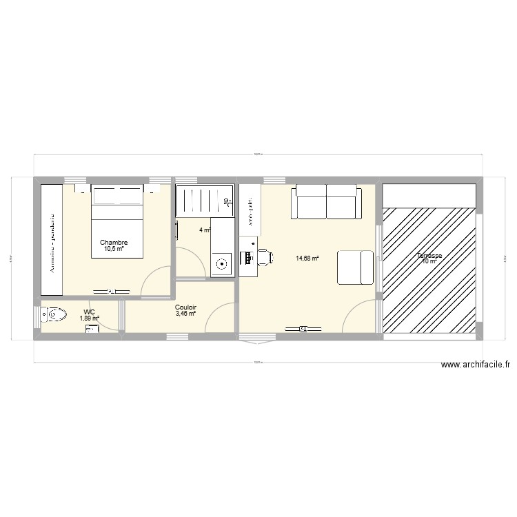 Studio 32 M2. Plan de 6 pièces et 45 m2
