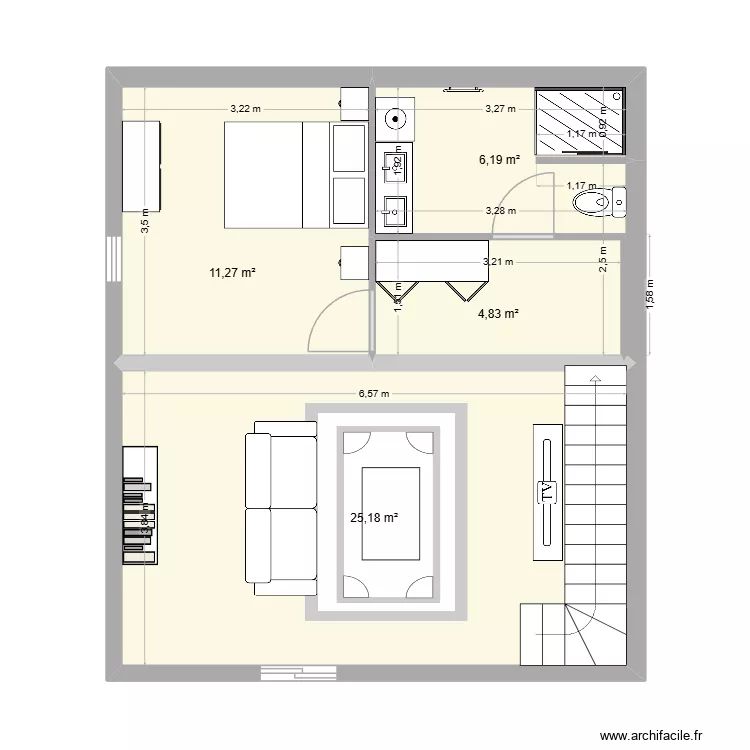 appartement mezzanine. Plan de 4 pièces et 47 m²