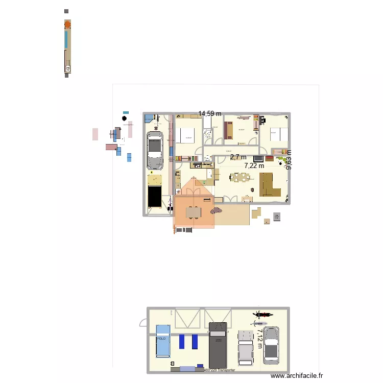 Duras garage au fond. Plan de 