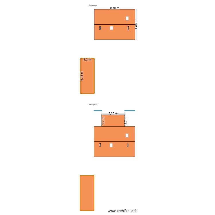toit. Plan de 2 pièces et 52 m2
