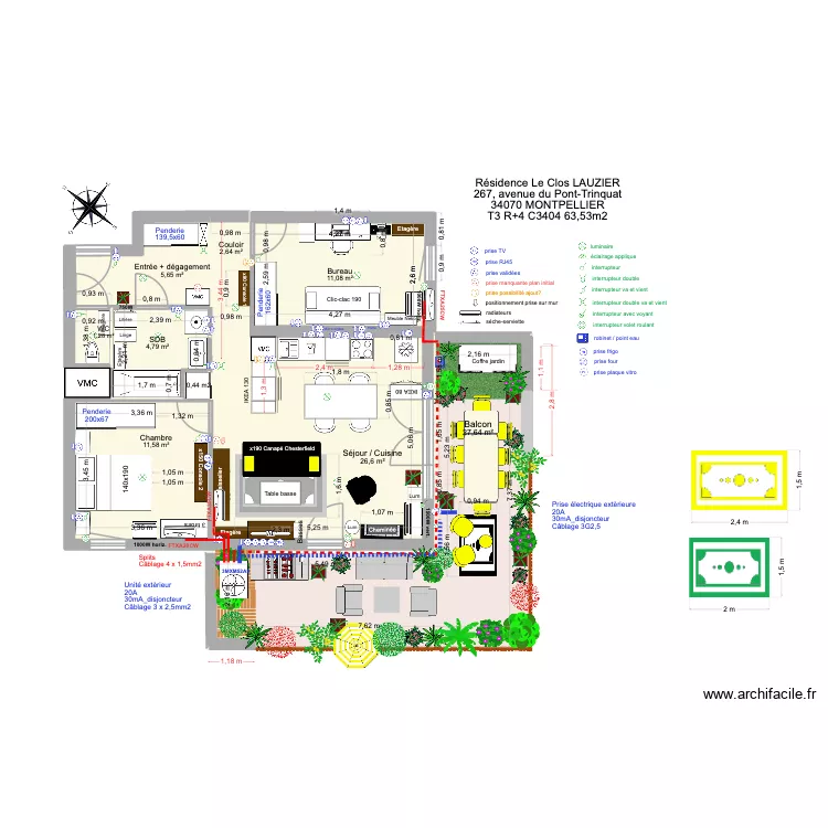 T3 C3404 _ R&eacute;sidence Le Clos Lauzier 4 (table creme 1,8 + chaises moutarde). Plan de 8  et 91 m²