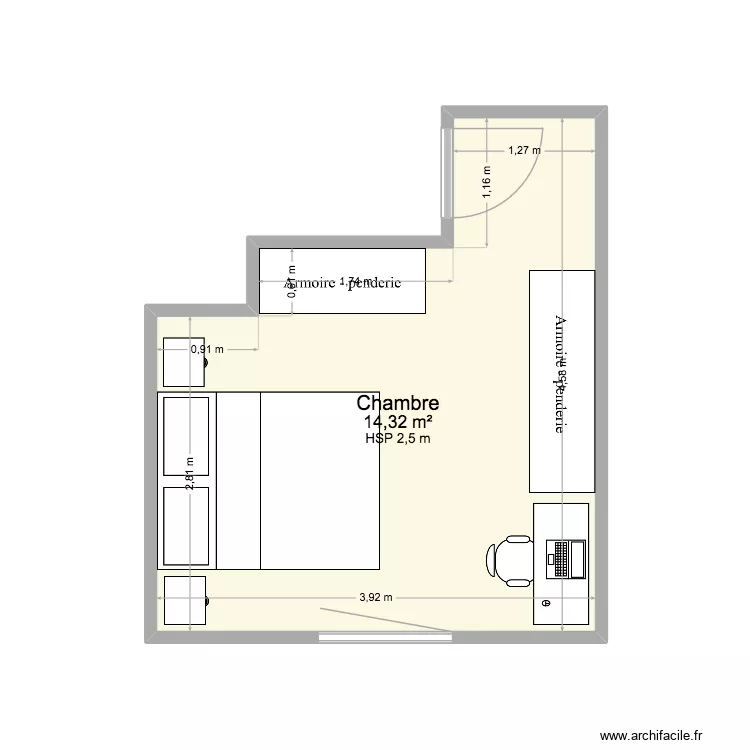 Chambre. Plan de 1  et 14 m²