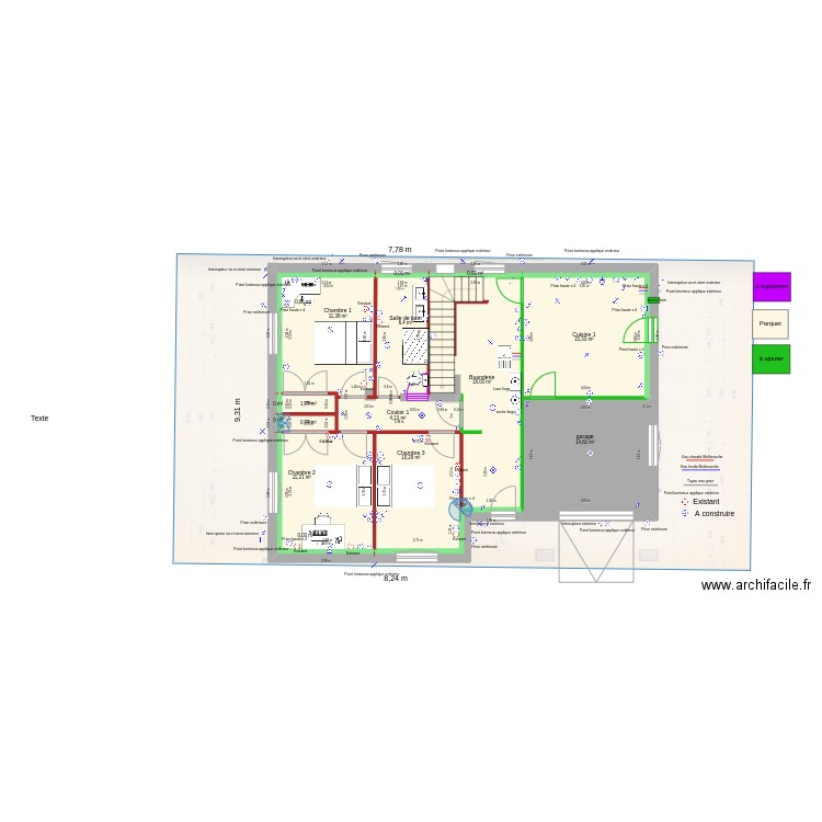 RDC_elec_existant. Plan de 16 pièces et 94 m2