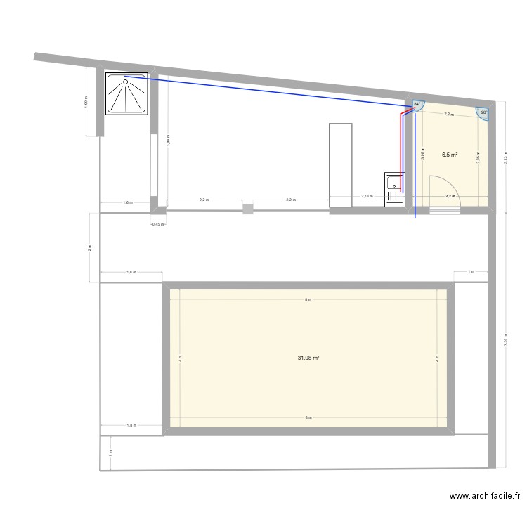 Pool house. Plan de 2 pièces et 38 m2