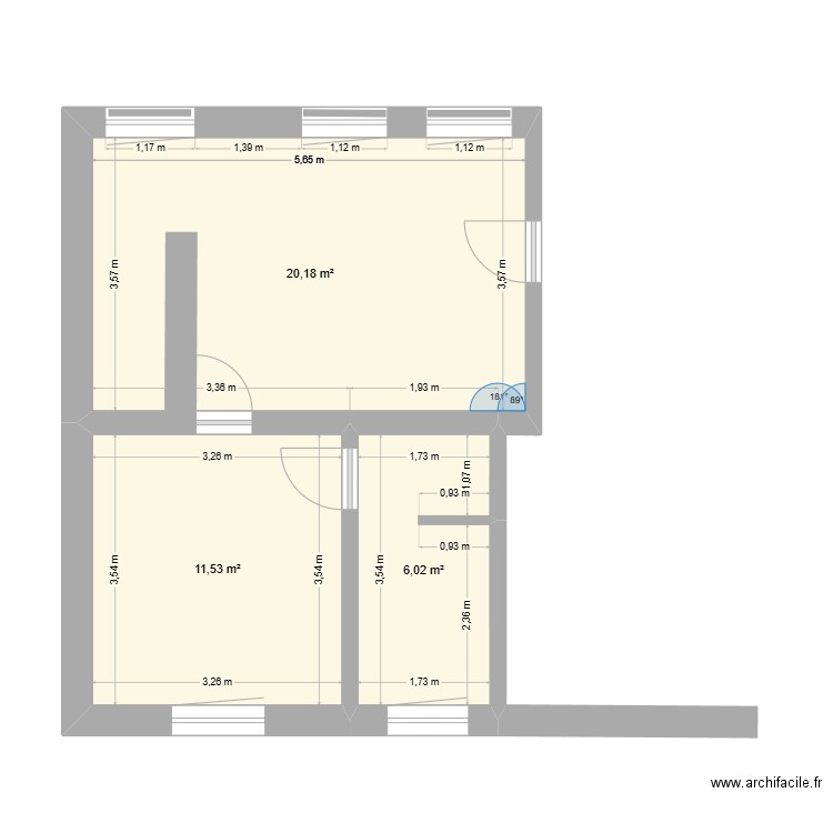 RDC. Plan de 3 pièces et 38 m2