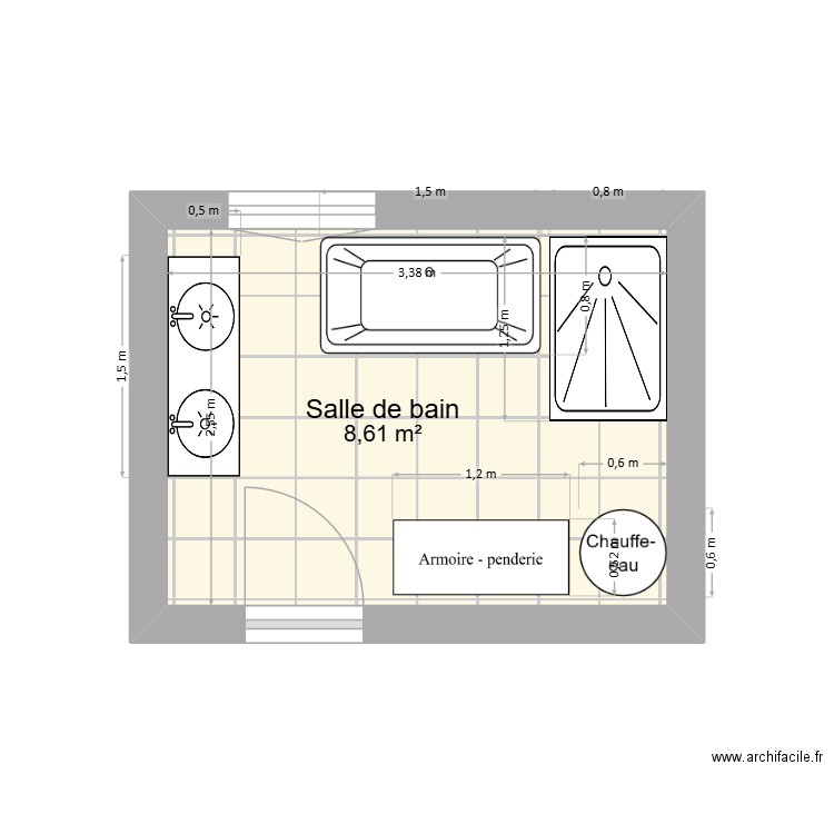 Salle de bain. Plan de 1 pièce et 9 m2
