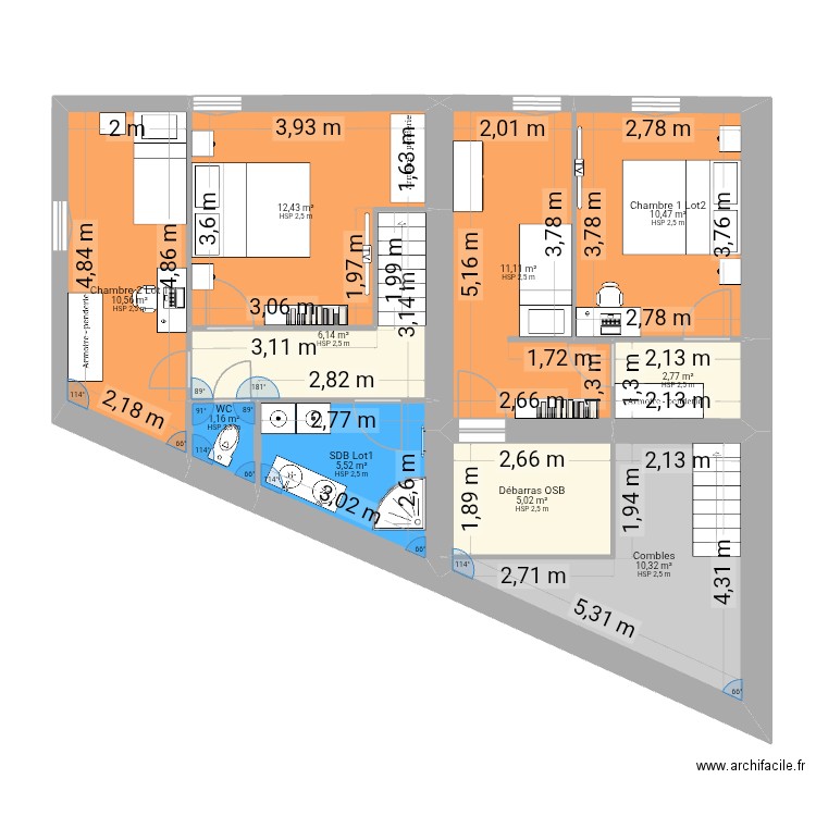 Kennedy. Plan de 10 pièces et 76 m2