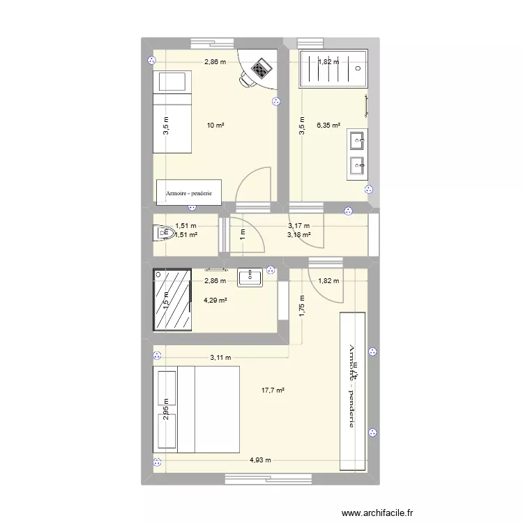 CHAMBRE SDB. Plan de 6  et 43 m²