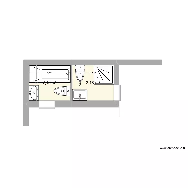 2 mini sdb aux limites. Plan de 2 Pièces et 4 m² 2 mini sdb aux limites. Plan de 2 Pièces et 4 m²