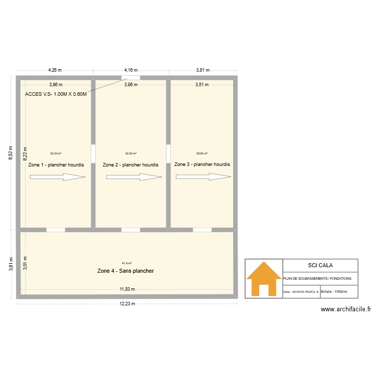 SCI CALA - PLAN DE SOUBASSEMENT/FONDATIONS. Plan de 4 pièces et 135 m2