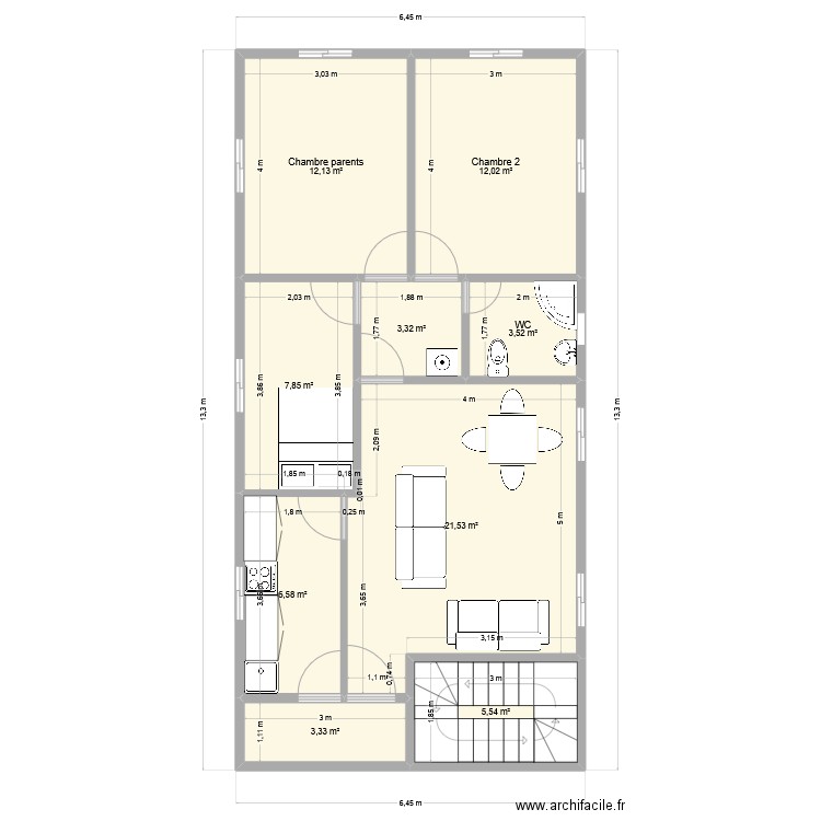 2ème et 3ème niveau. Plan de 9 pièces et 76 m2