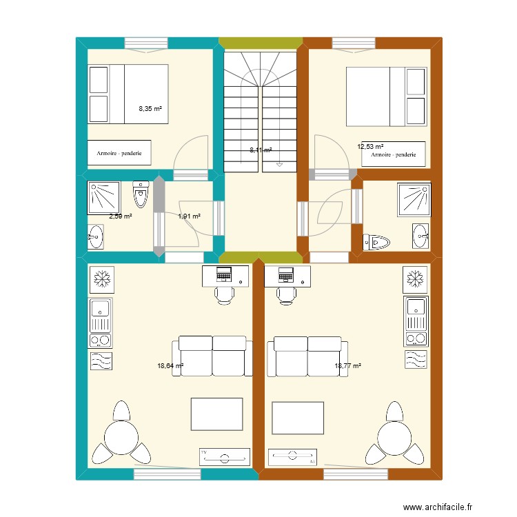 R+1. Plan de 7 pièces et 71 m2