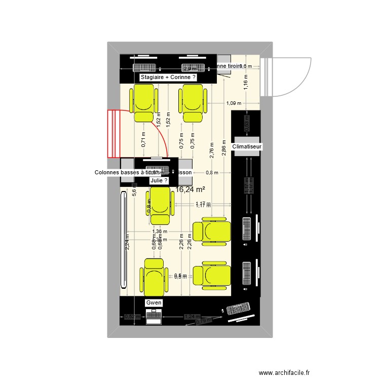 Projet 2 bureau. Plan de 1 pièce et 16 m2