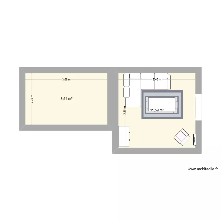 Salon. Plan de 2 pièces et 20 m²