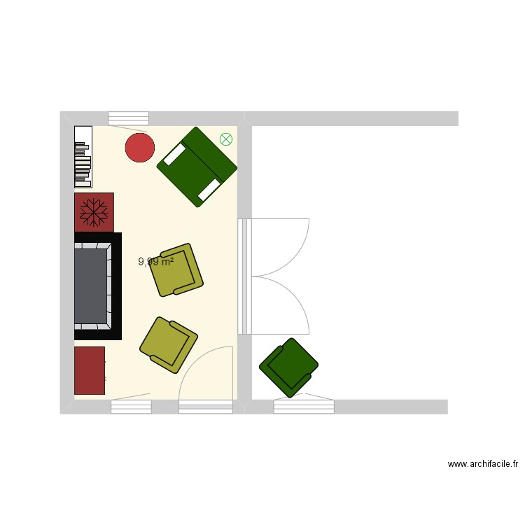 DISPOSITION MEUBLES CHEMINEE. Plan de 1 pièce et 10 m2