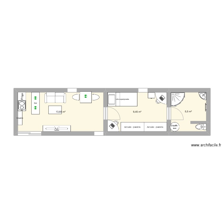 techno contenneur 2. Plan de 3 pièces et 29 m2