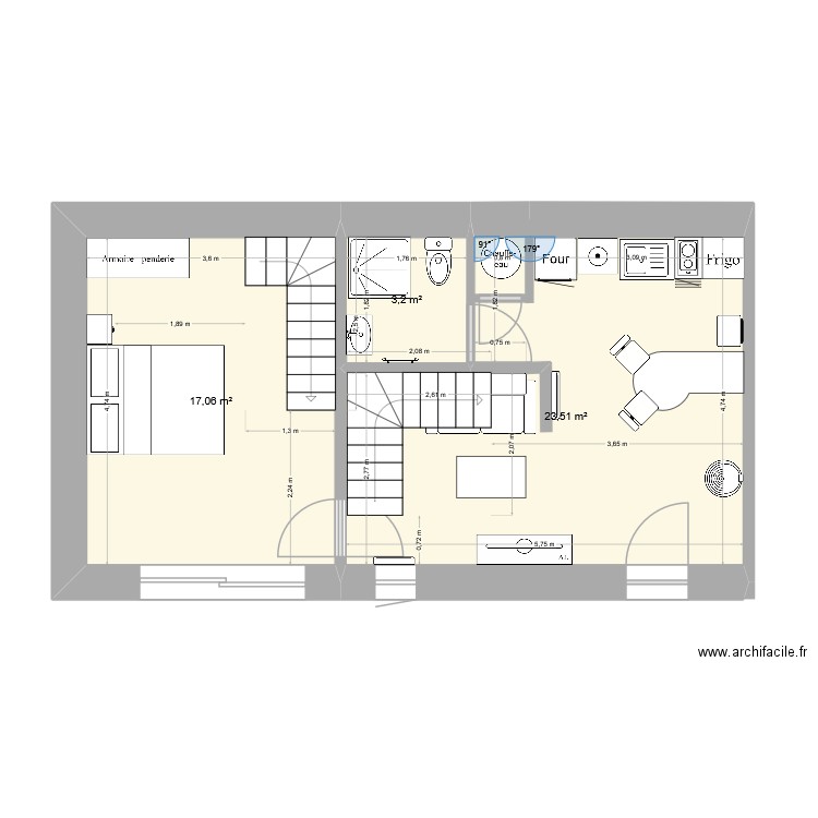 longère. Plan de 3 pièces et 44 m2