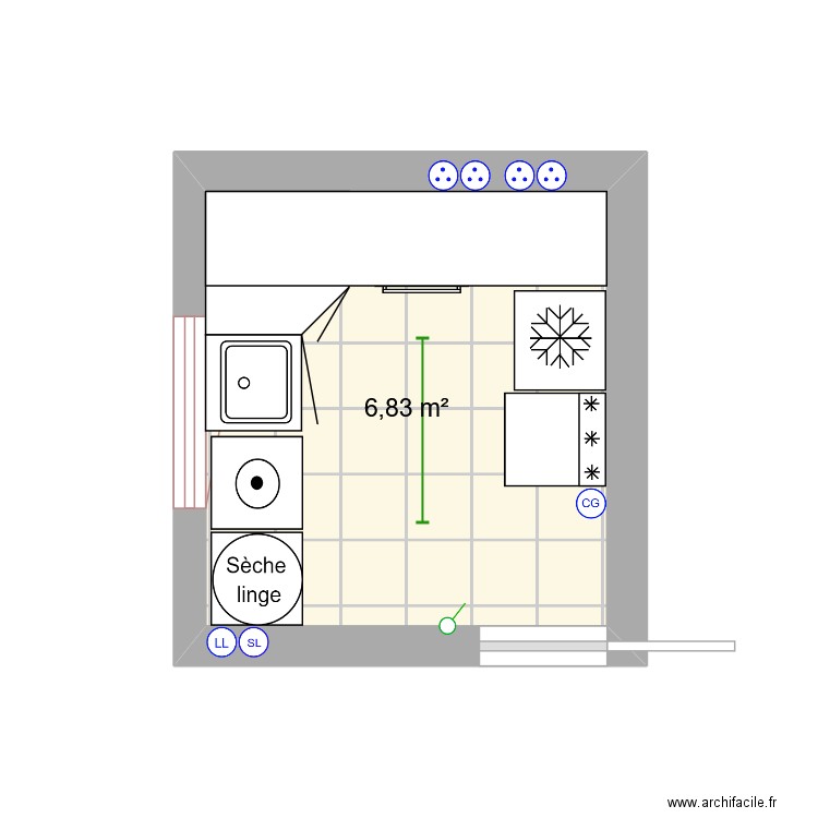 buanderie. Plan de 1 pièce et 7 m2