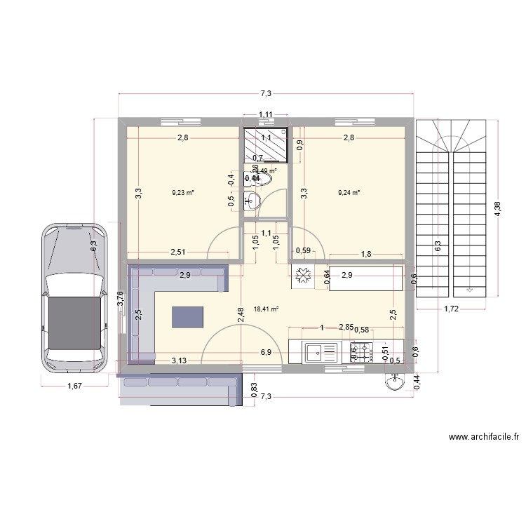 Modele1_A2. Plan de 4 pièces et 39 m2
