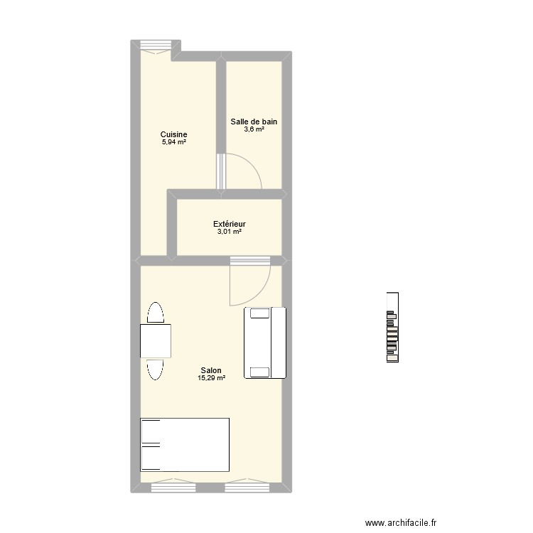 studio en ville. Plan de 4 pièces et 28 m2