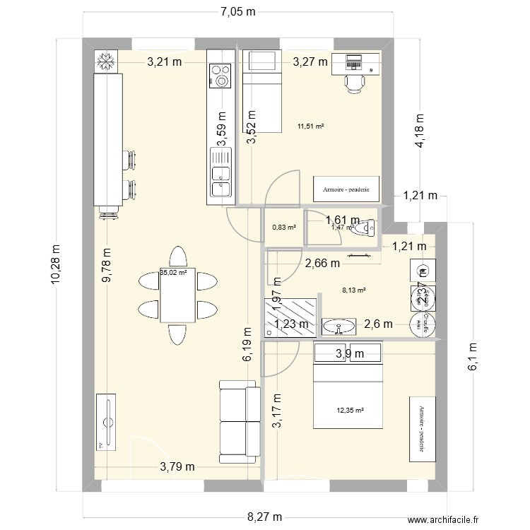 Douvrin avec extension. Plan de 6 pièces et 69 m2