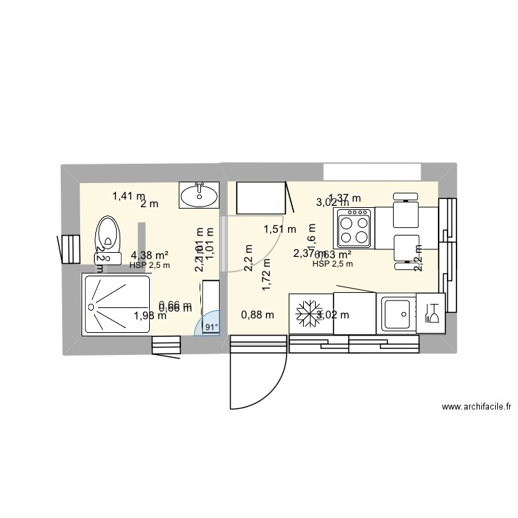 Cuisine. Plan de 2 pièces et 11 m2