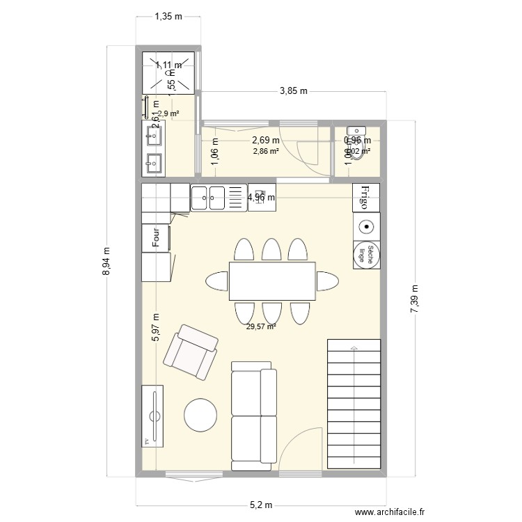 RDC. Plan de 4 pièces et 36 m2