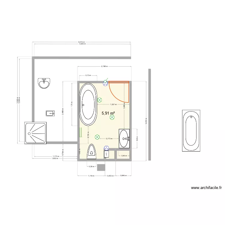 avec adaptation. Plan de 3 pièces et 6 m²