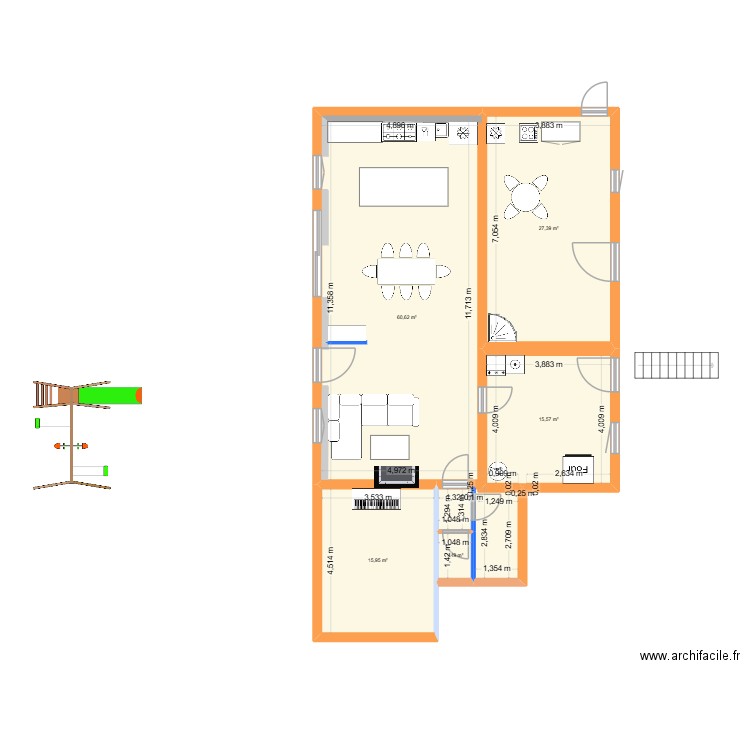 RDC. Plan de 5 pièces et 121 m2