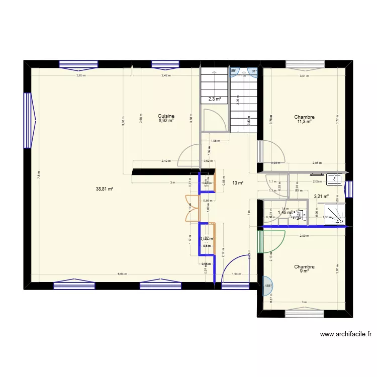 RDC - optim salle de bain. Plan de 9  et 89 m²