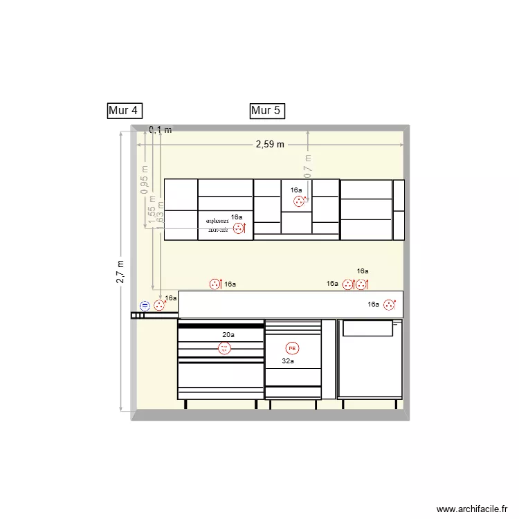 PC cuisine - mur  5. Plan de 1  et 7 m²