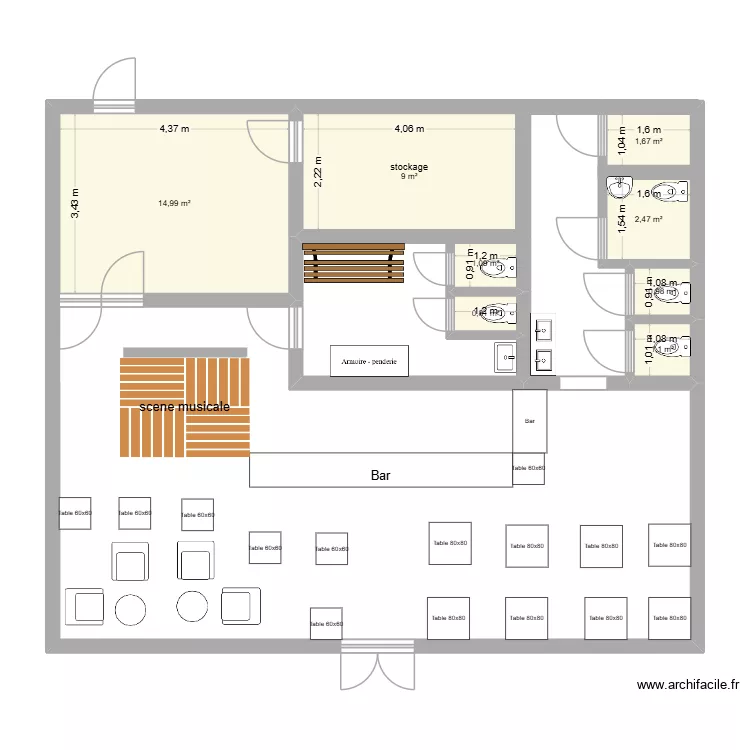 bar. Plan de 8  et 32 m²