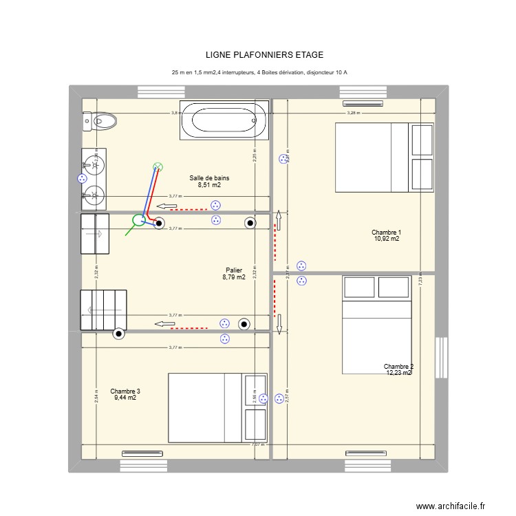 Ligne plafonnier étage 2. Plan de 2 pièces et 50 m2