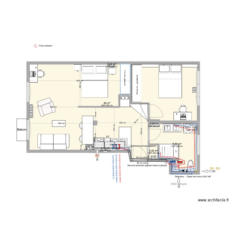 03 Boulogne Plan plomberie. Plan de 7 pièces et 53 m2