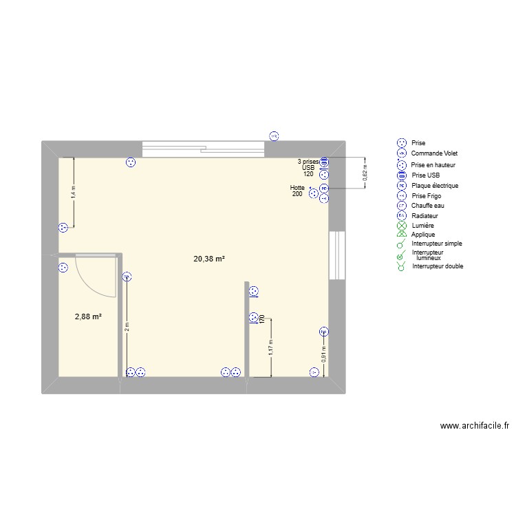 Fanie prises. Plan de 2 pièces et 23 m2