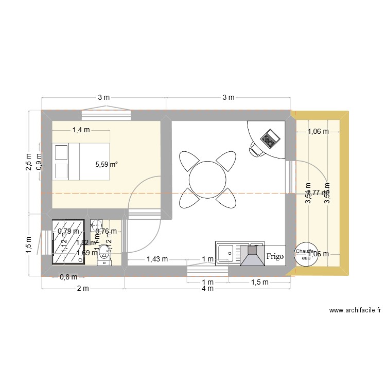 bungalow rreunion. Plan de 3 pièces et 11 m2