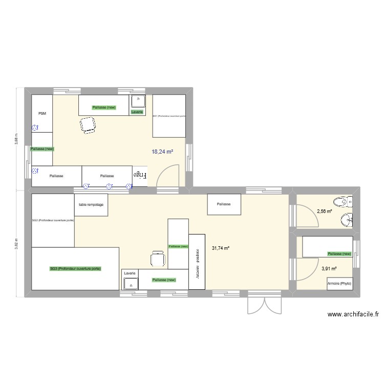 Labo Provisoire bis (4 préfabriqué). Plan de 4 pièces et 56 m2