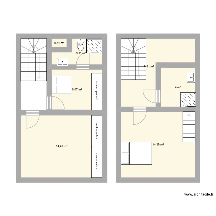 1er et 2e étage. Plan de 7 pièces et 53 m2