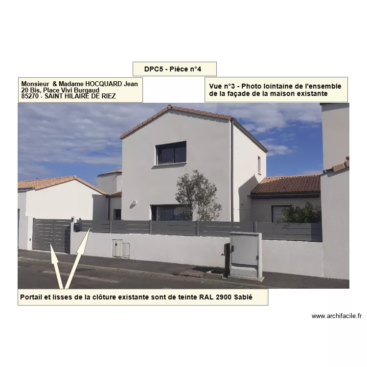 DPC5 - Pi&egrave;ce n&deg;4 - Photo lointaine de l'ensemble de la fa&ccedil;ade de la maison existante. Plan de 