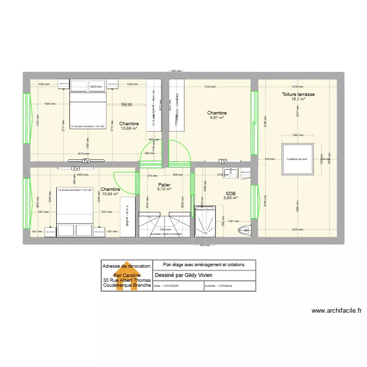 Plan &eacute;tage avec am&eacute;nagement et cotations.. Plan de 