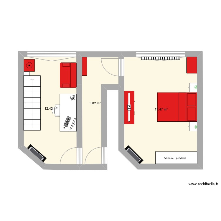 Chambre. Plan de 3 pièces et 36 m2